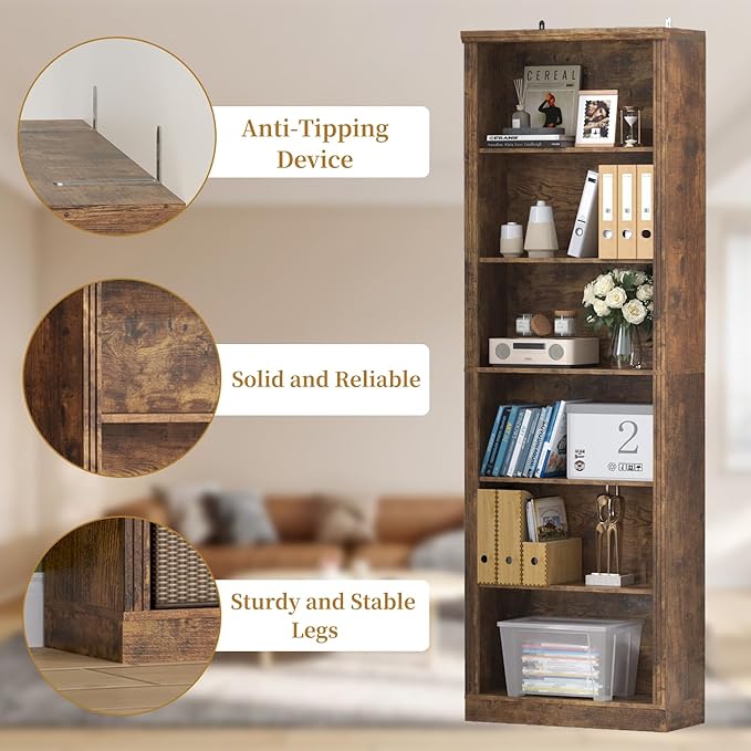 75" Tall Bookshelf & Bookcase, 6-Tier Adjustable Storage Shelves, Book Shelf with Anti-Tipping Device, Floor Standing Modern Display Rack for Living Room, Bedroom, Office, Brown