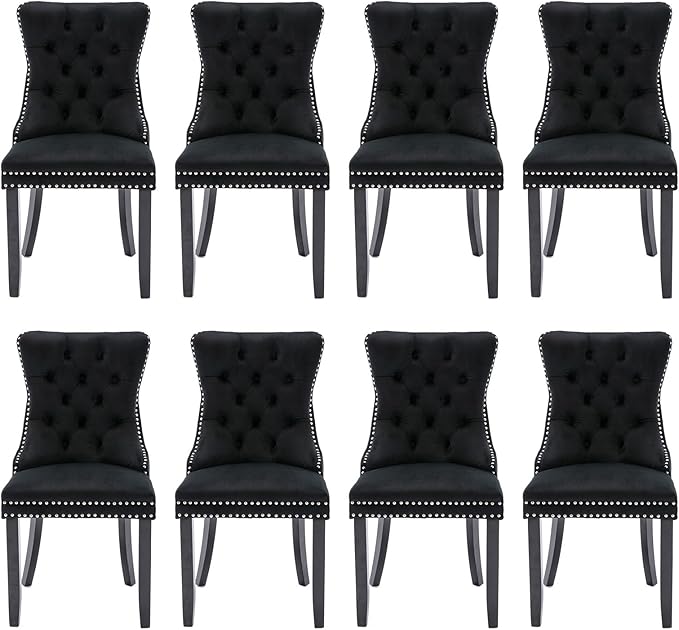 Velvet Upholstered Dining Chairs Set of 8, Modern Style Kitchen Side Chairs with Nailhead Trim and Wood Legs,Metal Pulling Ring for Dining Room Living Room(Black)