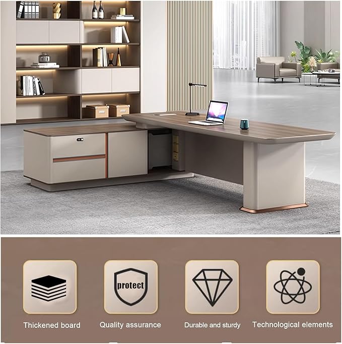 86IN L Shaped Executive Desk - Executive Office Desk with Side Cabinet & Grille Front Baffle & Embedded LED Strip & Mechanical Password Lock & Double-Layer Countertop & Gold Foot Pad