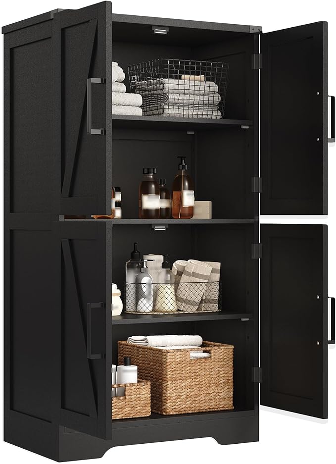 Treocho Bathroom Floor Cabinet, Farmhouse Bathroom Storage Cabinet with Doors and Adjustable Shelves, Freestanding Kitchen Pantry Cabinet, Cupboard for Living Room, Dining Room, Black