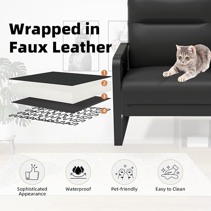 Faux Leather Accent Chair, Upholstered Armchair with Side Tray & Pocket, Comfy Reading Chair for Living Room, Bedroom, Guest Room, Black