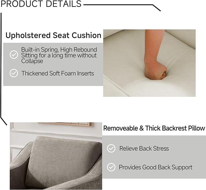 UIXE Swivel Accent Chair, Chenille Fabric Upholstered Arm Chair for Living Room, Modern Club Armchair Comfy Single Sofa Bedroom Reading Seat with Lumbar Pillow - Sand