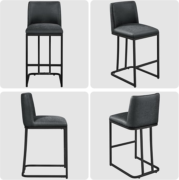 Yaheetech Bar Stools Set of 4, Counter Height Kitchen Stools 24'' Modern Leather Upholstered Bar Chairs with Back and Metal Legs for Kitchen Counter, Dark Gray