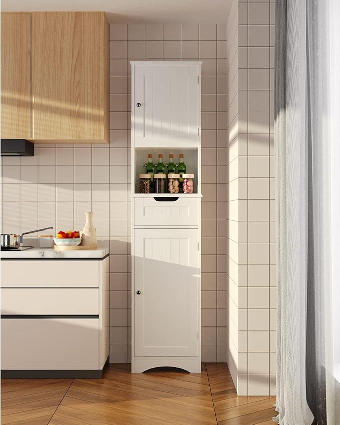 Gizoon 67" H Tall Bathroom Cabinet, Storage Cabinet with 2 Doors & Drawer, Narrow Bathroom Storage Cabinet Freestanding Adjustable Shelves for Home, Kitchen, Versatile, Anti-Tipping, White