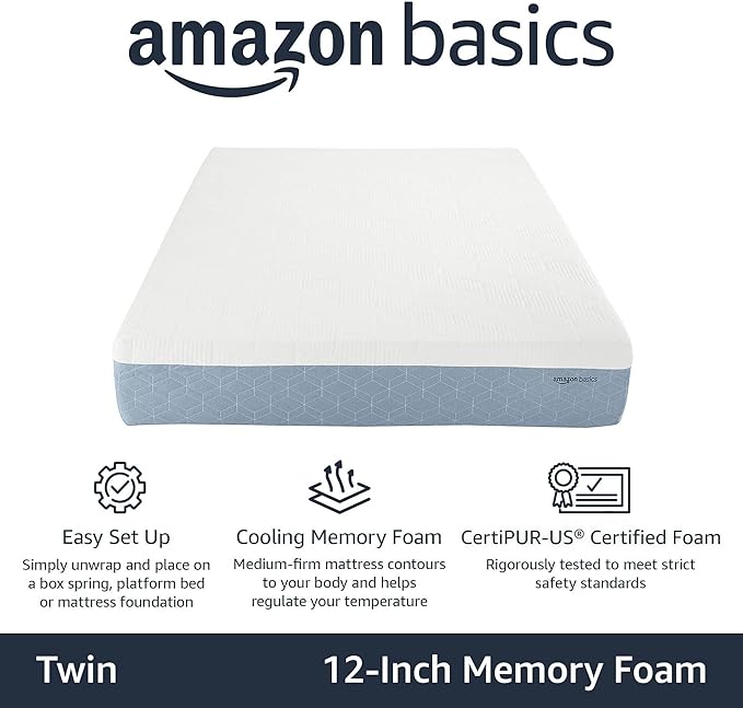 Amazon Basics Gel Memory Foam Mattress, Medium Firm, Cooling, Twin Size Mattress, CertiPUR-US® Certified Foam, 75 x 39 x 12 inches, White/Gray