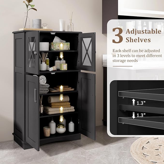 Giantex Bathroom Floor Storage Cabinet - Linen Floor Cabinet with Doors and Adjustable Shelves, Freestanding Side Storage Organizer for Bathroom, Living Room, Entryway, Kitchen Storage Unit (Black)
