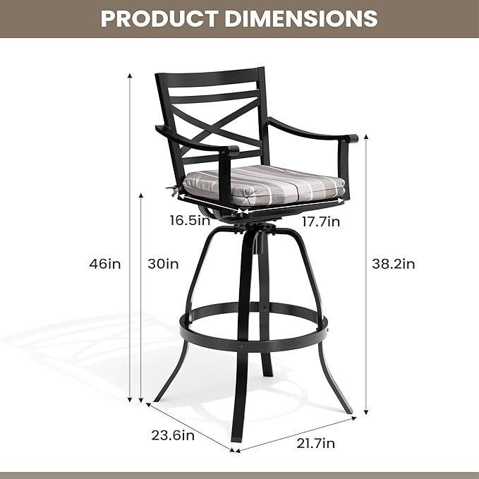 Pellebant 30" Sunbrella Outdoor Bar Stools Set of 2, Aluminum Swivel Patio Bar Height Barstools with Back & Footrest, Tall Barstool Chairs for Deck Lawn Garden, Milano Char