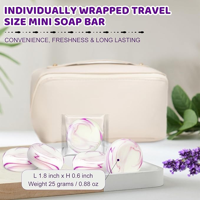 14 Pack 25 g Travel Size Lavender Soap, Individually Wrapped Handmade 4-In-1 Mini Hotel Soap Bars with Shea Butter, Olive Oil, Creamy Lather, Eco-Friendly, 0.88 oz