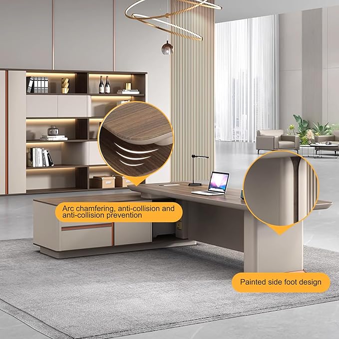86IN L Shaped Executive Desk - Executive Office Desk with Side Cabinet & Grille Front Baffle & Embedded LED Strip & Mechanical Password Lock & Double-Layer Countertop & Gold Foot Pad