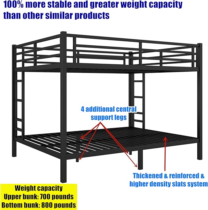 Stronger & Higher Quality Heavy Duty Bunk Bed Queen Over Queen Size Bunkbed, Thickened Safer More Stable Steel Metal Queen Bunk Bed (Faster Assembly) (Queen Over Queen-A)