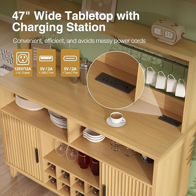 Fluted Buffet Cabinet with Storage, Modern Coffee Bar Cabinet with Outlet, Wine Rack, Cup Holder, Multi-Functional Accent Liquor Cabinet for Living Room, Entryway, Kitchen, Wood