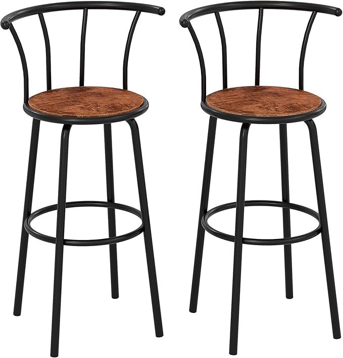 VECELO Bar Stools Set of 2, Swivel Counter Stools with Backrest, Bar Height Stools for Dining Room, Kitchen Island, Pub, Easy Assembly, Dark Brown