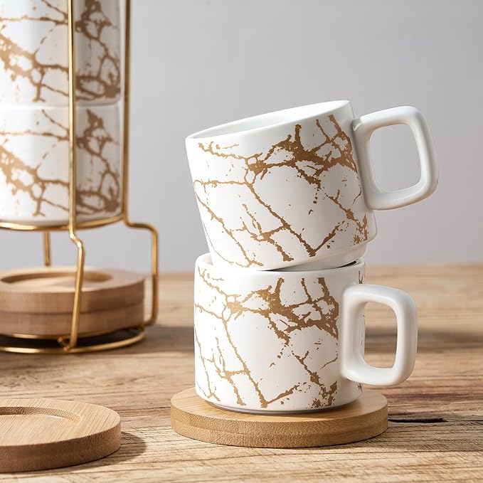 LUKA Porcelain Espresso Cup with Saucer and Metal Stand, 4 Ounce Stackable Ceramic Demitasse Espresso Mugs Cups Set for Latte,Coffee,Cafe Mocha,Tea(Set of 4),Marbling White