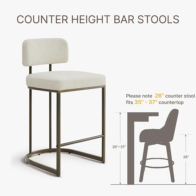 26" H Counter Height Bar Stools Set of 2, Modern Linen Fabric Upholstered Barstools with Backrest for Kitchen Island, Gold Metal Frames, Linen