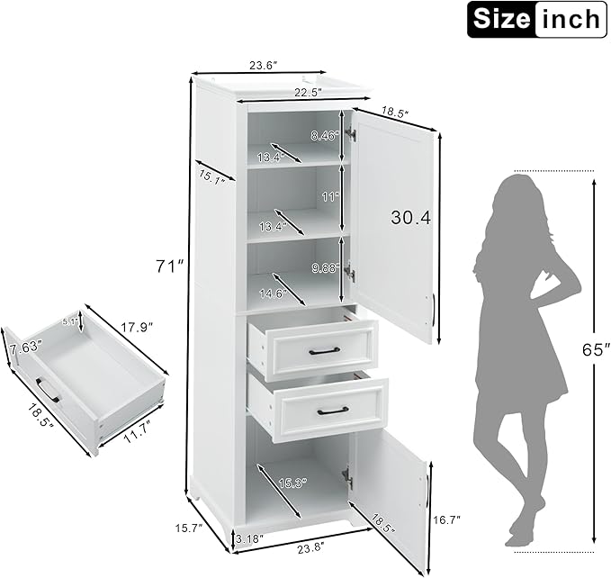 Tall Freestanding Storage Cabinet with 2 Doors & 2 Drawers, Multi-Purpose Organizer with Adjustable Shelf for Bathroom, Office, Living Room, White