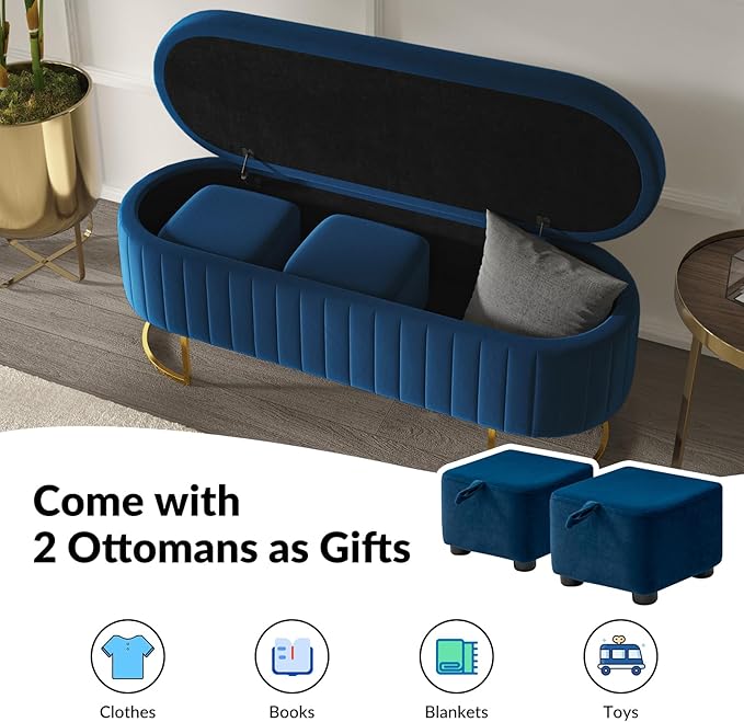 EcoHarbor Living 50" Velvet Storage Bench Hallway Ottoman,Upholstered End of Bed Bench with 2 Additional Ottomans Gold Legs,Flipping Lid Entryway Footrest