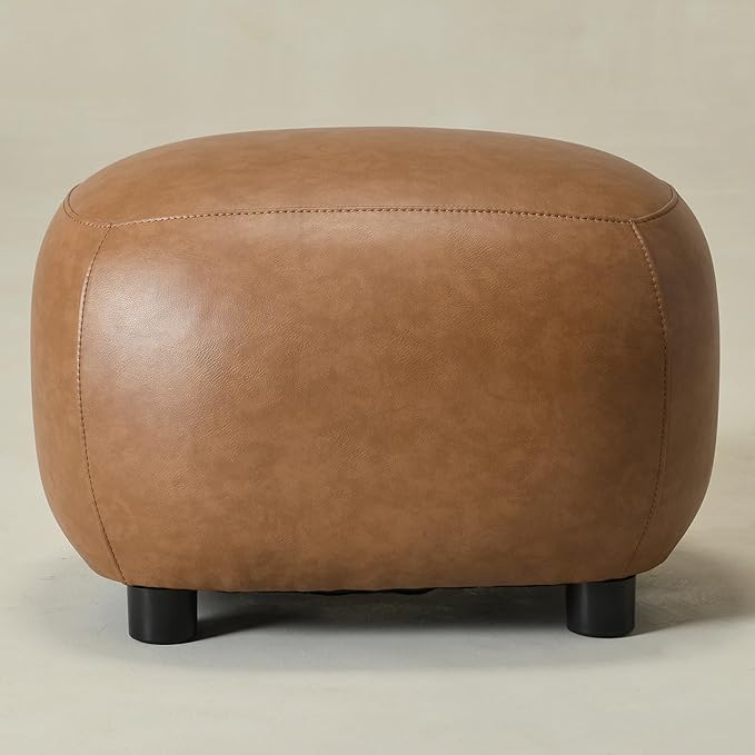 KINWELL 23" Wide Faux Leather Upholstered Ottoman, Mid-Century Modern Living Room Footrest with Soft Padded Seat, Footstool for Bedroom, Entryway or Living Room, Camel