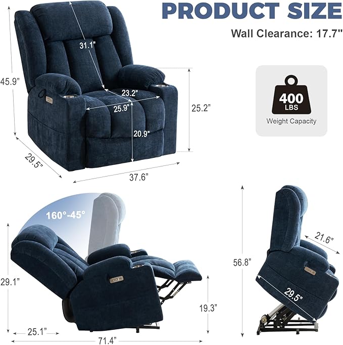 HUSFU Oversized Power Lift Recliner Chairs for Elderly with Massage and Heat, Wide Recliners Chair,Upgraded Chenille Lift Chairs w/Cup Holders, USB & Type-C Ports,Blue,2PCS
