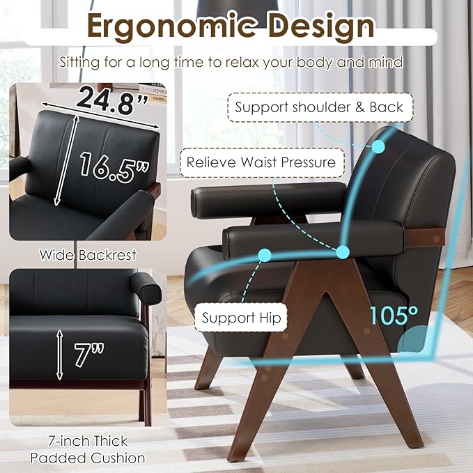 STHOUYN Black Leather Accent Chairs, Mid Century Modern Chair, Side Arm Chairs for Living Room, Office Guest Waiting Room Chairs (1, Black)