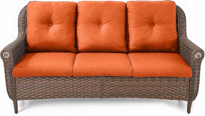 Patio Couch Outdoor Wicker Sofa - Heavy Duty All-Weather Brown Rattan 3-Seater with High Back and Comfortable Thick Cushions for Garden Back Porch Poolside Apartment - Orange