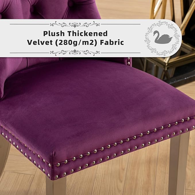 Velvet Upholstered Dining Chairs Set of 4, Modern Kitchen Side Chairs with Nailhead Trim and Silver Plated Leg, Metal Pulling Ring for Dining Room Living Room(Purple-Silver Plated Leg)