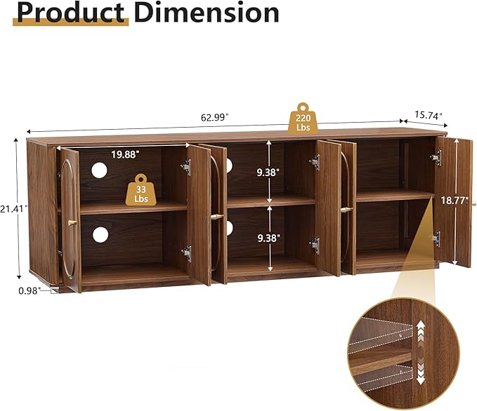 63'' Fluted Sideboard Buffet Cabinet with Storage and 6 Doors, Low Storage Cabinet Modern Wooden Accent Credenza Console Table for Kitchen Dining Living Room Entryway, (63"W*15.75"D*21.4"H) Walnut