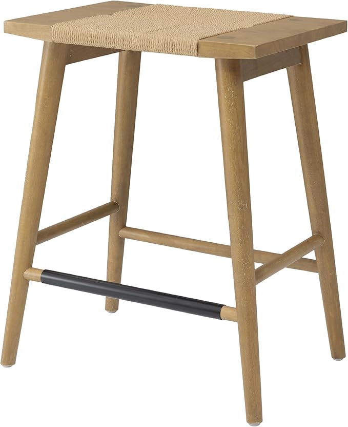 Thor Wicker Premium Solid Wood Counter Stool 24", Backless Counter Height Seating with Hand-Knitted Rope, Eco-Friendly Modern Design (Light Brown)