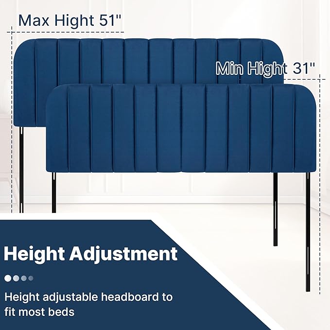 Upholstered Headboard - Striped Interval - Adjustable Height - Metal Legs - Bed Frame (Blue, Queen (U.S. Standard))