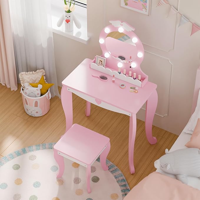 MU Kids Vanity Set with Lighted Mirror and Stool, Kids Make Up Vanity Desk with Storage Space, Wing Pattern for Little Girls, Toddler Princess Makeup Dressing Table with Chair Set, Pink