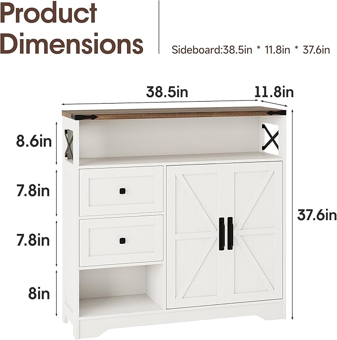Fameill Farmhouse Storage Cabinet with Drawers and Open Storage,Freestanding Kitchen Pantry with 2 Barn Doors, Floor Cabinet with Adjustable Shelf for Living Room,White