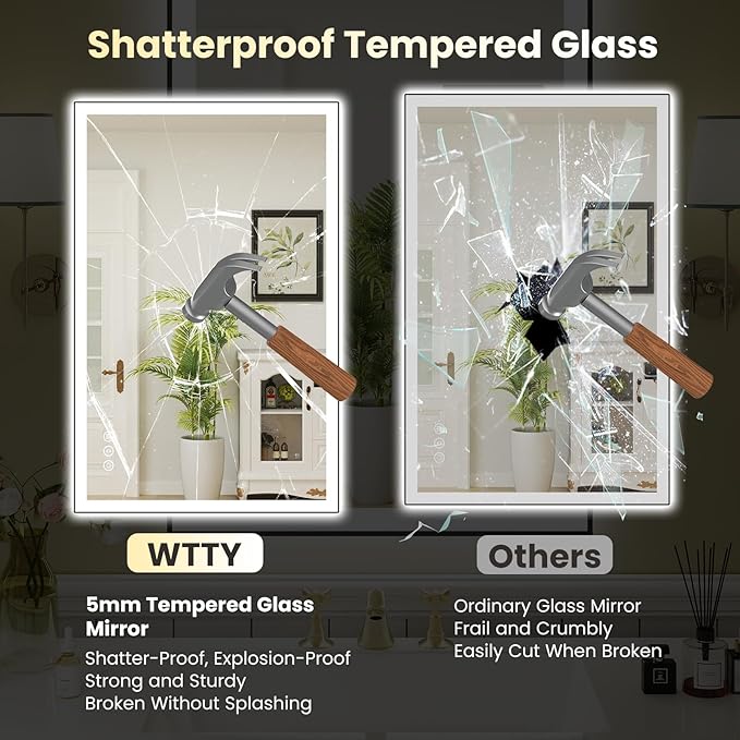 WTTY 24"X36" LED Bathroom Mirror with Black Frame, Bathroom Vanity Mirror with Lights for Wall, Front Light and Backlit, Anti-Fog, Dimmable, 3 Colors, Shatterproof, Memory, Horizontal/Vertical