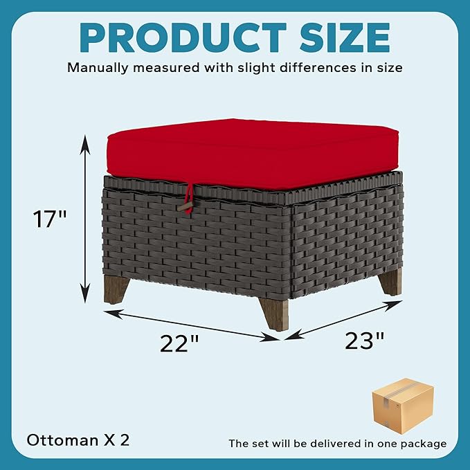 2 Pieces Patio Outdoor Ottomans with Removable and Washable Covers，PE Rattan Wicker Footstools for Porch, Garden, Sunroom (Red)