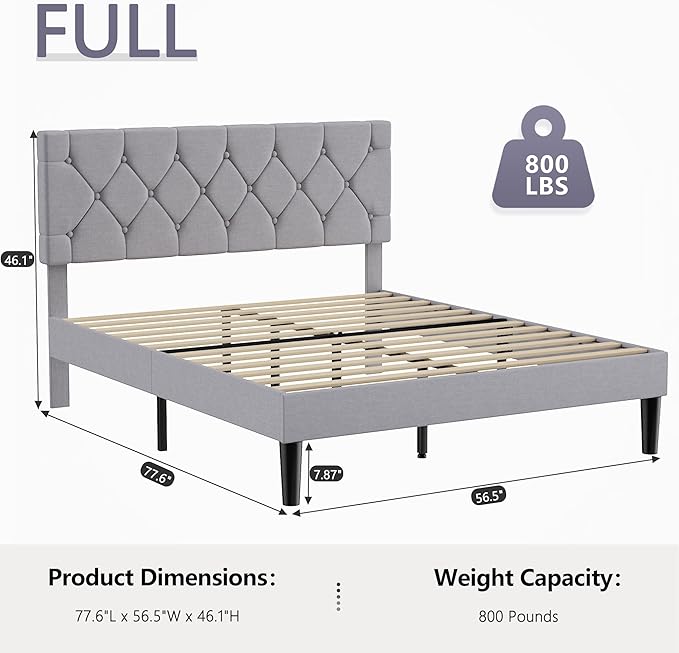 VECELO Full Bed Frame with Headboard, Upholstered Platform Bedframe with Wooden Slat Support, Button Tufted Design, No Box Spring Needed, Linen Grey