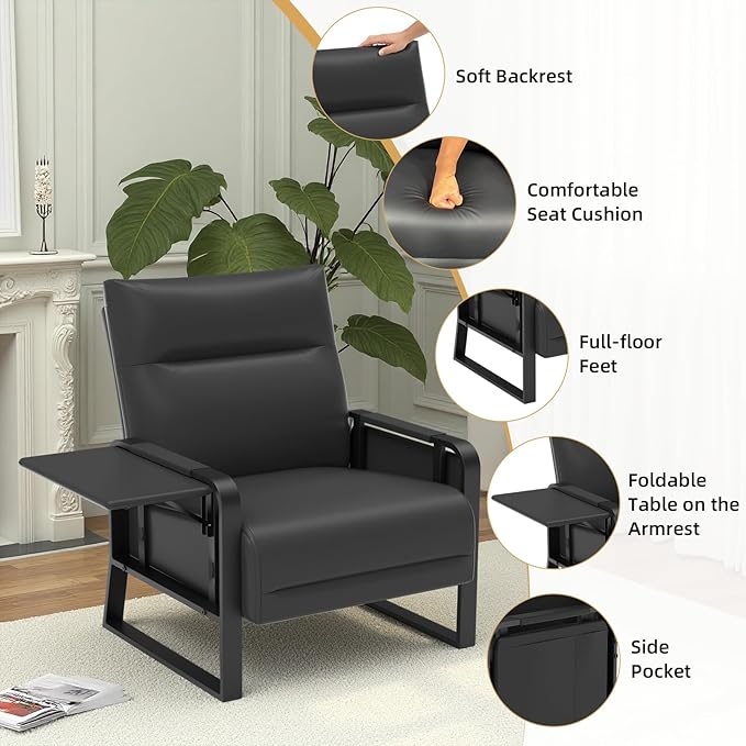 Faux Leather Accent Chair with Flip Up Tray Table Soft Backrest Side Pocket for Living Room Office Bedroom Leather Accent Chair, Black