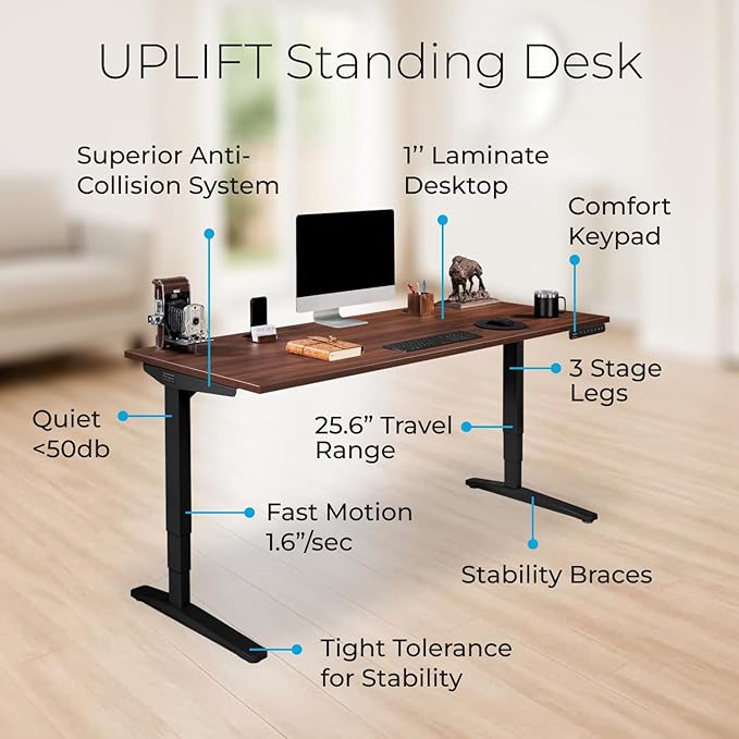 UPLIFTDESK V2 2-Leg Maple Laminate Wood Standing Desk – Adjustable Height, Advanced 1-Touch Memory Keypad, Under Desk Cable Management, Wire Grommets & Rocker Board (Black C-Frame, 72 x 30 inch)