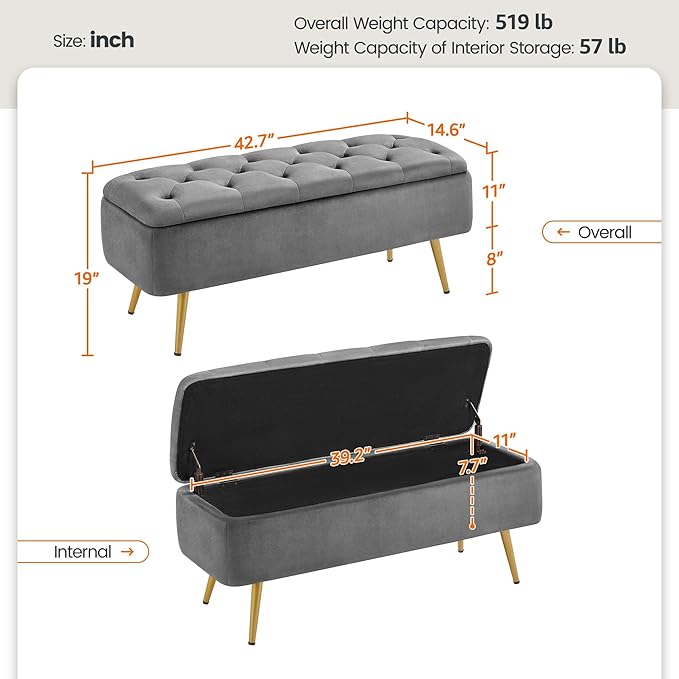 Yaheetech Ottoman with Storage, Velvet Entryway Bench with Safety Hinge, Upholstered Bench with Seating for Bedroom, Living Room, Holds up to 519 lb, Gray
