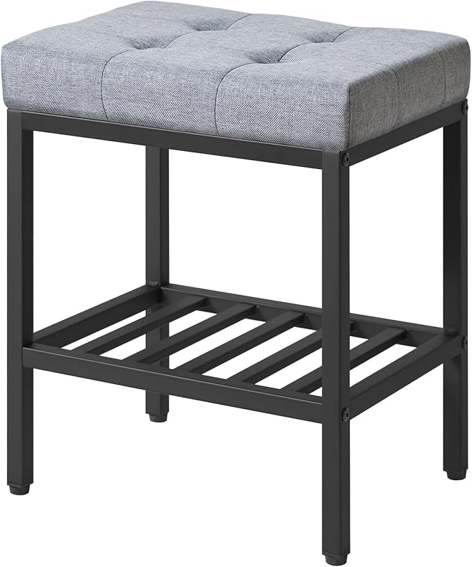 IBUYKE Rectangular Makeup Stool with Adjustable Feet and Storage Space, Footrest Chair, Linen Seat Vanity Stool, Multi-Use as Small Side Table or Ottoman, for Bedroom, Blue Gray WBD017L