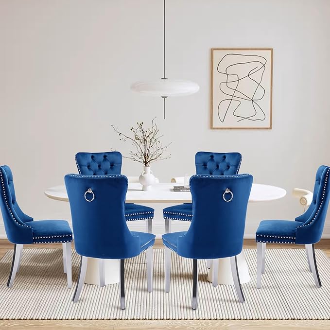 Velvet Upholstered Dining Chairs Set of 6, Modern Style Kitchen Side Chairs with Nailhead Trim and Silver Plated Leg, Metal Pulling Ring for Dining Room Living Room(Blue-Silver Plated Leg)