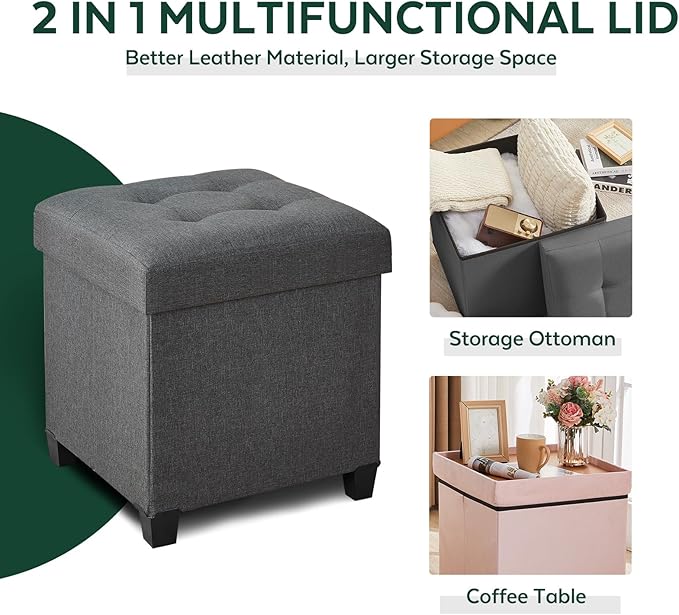 17.7" Ottoman with Storage, Square Storage Ottoman for Dorm, Linen Ottomans with Legs for Living Room, Bedroom, Gray