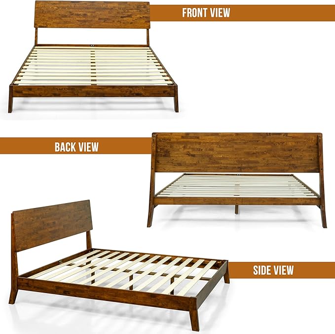 Acacia Serenity King Bed Frame and Headboard Solid Wood Platform Bed, King Size Bed Frame and Headboard, Scandinavian Wood Bed Compatible with All Mattress Types, Non-Slip and Noise-Free, Caramel