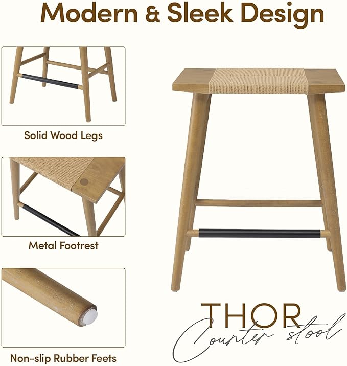 Thor Wicker Premium Solid Wood Counter Stool 24", Set of 2, Backless Counter Height Seating with Hand-Knitted Rope, Eco-Friendly Modern Design (Light Brown)