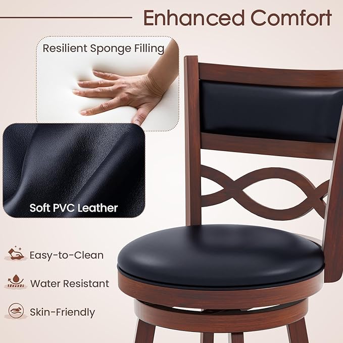 COSTWAY Bar Stools Set of 2, 24.5” Counter Height Stools with Rubber Wood Frame, Faux Leather Upholstered Seat and Backrest, Swivel Barstools for Kitchen Island, Pub, Brown (2, Seat Height: 24.5”)