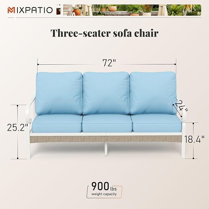 Patio Furniture Sofa, 3-Seat Patio Sofa Steel Frame Outdoor Sectional Couch with Deep Seating and 5.5” Cushions for Lawn Backyard Porch Deck, Blue