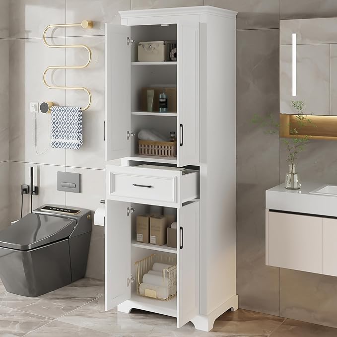Tall Freestanding Storage Cabinet with 4 Doors & One Drawer, Multi-Purpose Organizer with Adjustable Shelf for Bathroom, Office, Living Room, White