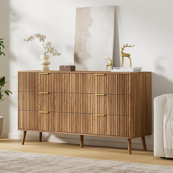 LYNSOM Fluted Dresser and Nightstand Sets 3 Piece, 6-Drawers Dresser and 1-Drawer Nightstands Set of 2, Wood Bedroom Furniture Set for Home, Bedroom, Hallway, Natural Oak