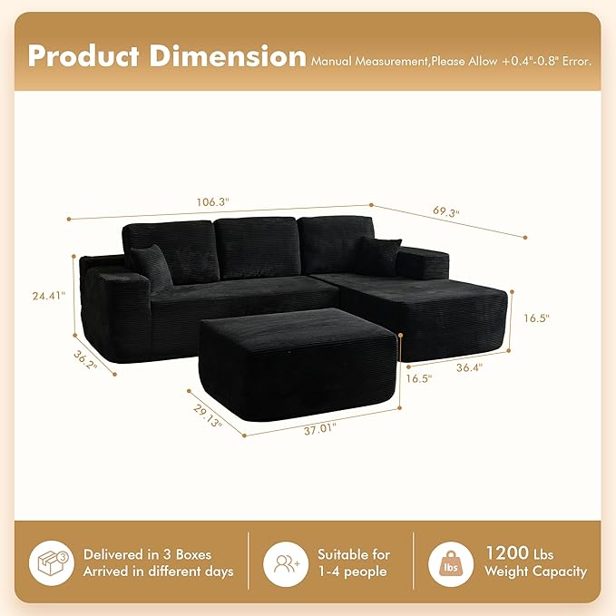 106" Cloud Sectional Couch with L-Shape Chaise & Ottoman, No Assembly Modular Sofa, Deep Seat Plush Corduroy Boneless Couched for Living Room (Black Plush Corduroy, Right Facing Chaise with Ottoman)