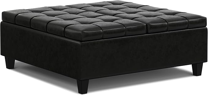 SIMPLIHOME Harrison Large Coffee Table Storage Ottoman - 40 inch Wide Upholstered Vegan Leather Square Lift-Top Ottoman in Midnight Black, Transitional Bench for Living Room with Sturdy Base