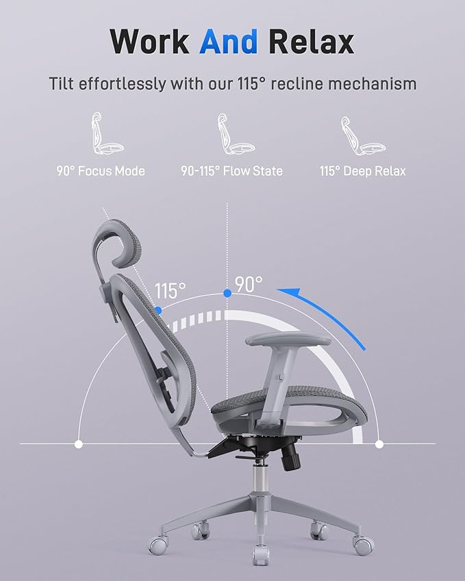 Ergonomic Office Desk Chair, Comfortable Computer Gaming Chair, Breathable Mesh Back & Seat, Adjustable Armrest & Headrest, Lumbar Support, Butterfly Design for Home Office (Gray)