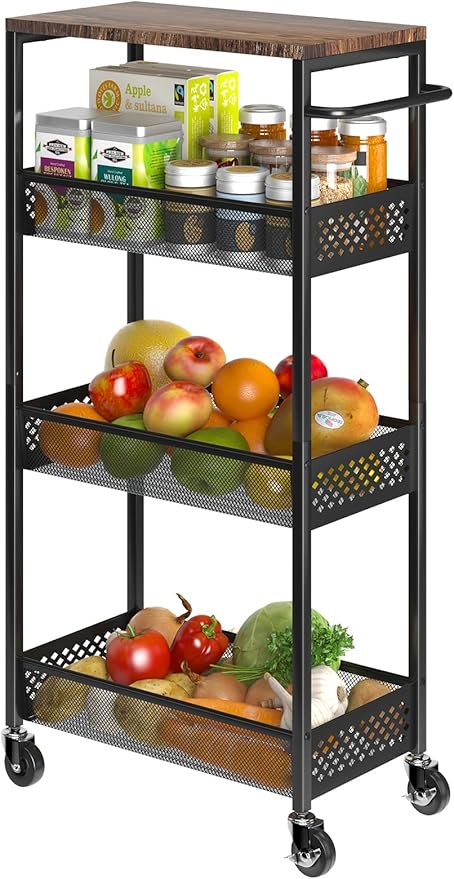 Slim Storage Cart 4 Tier Fruit and Vegetable Baskets for Kitchen Small Space, Narrow Laundry Cart on Wheels with Wooden Top and Metal Handle for Pantry, Bathroom, Laundry Room