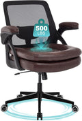 Big and Tall Office Chair, 500lbs Mesh Heavy Duty Ergonomic Desk Chair with Flip-up Armrests, Plus Size Wide Seat in PU Leather, 360 Swivel Computer Executive Task Chair for Home Office (Brown)